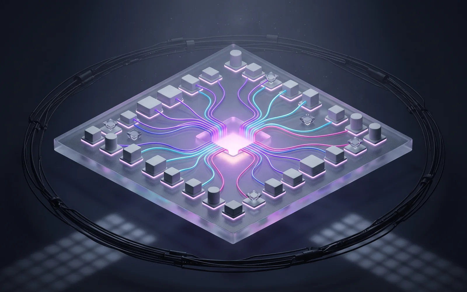 Abstract navy scene: a glowing violet core inside a glass slab, neon paths fanning out to small floating blocks