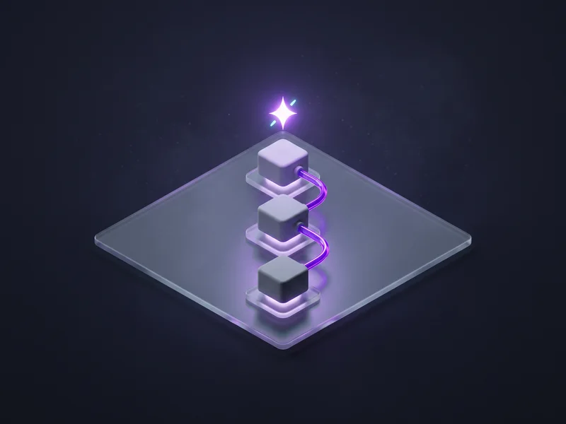Abstract navy illustration of a violet spark resolving into a small tidy chain of connected glass blocks