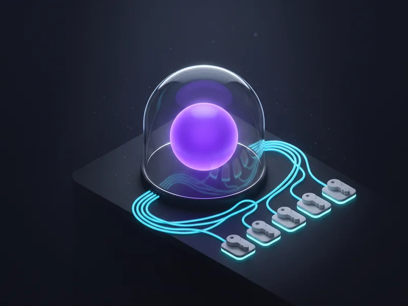 Abstract navy illustration of a glowing orb sealed in a glass dome while cyan filaments pass outside it