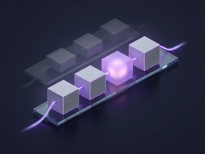 Abstract navy illustration of four identical blocks on a glass rail, one glowing, ghosted rails behind