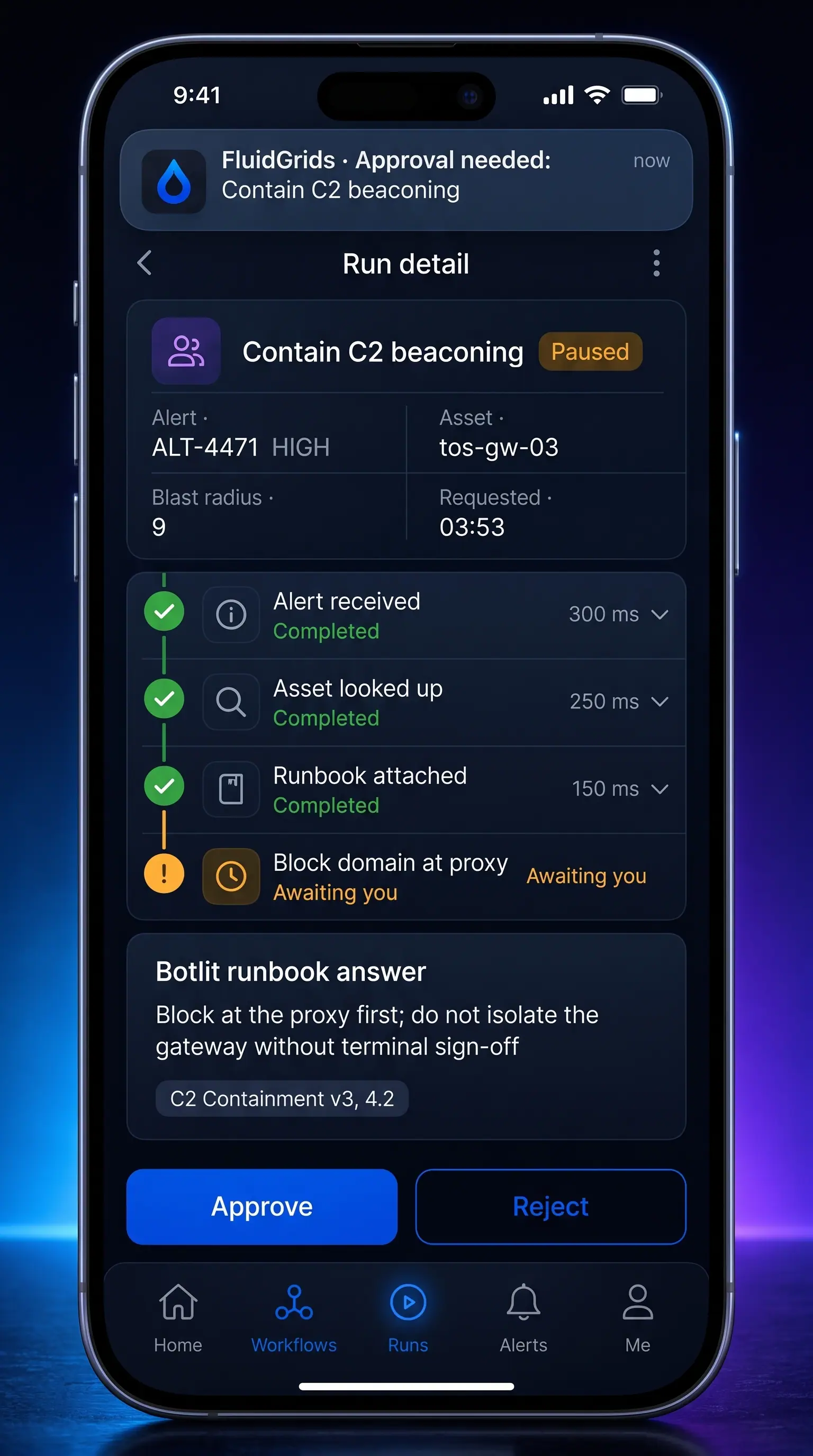 Concept illustration of the FluidGrids mobile run detail for a paused containment playbook with a Botlit runbook answer and Approve and Reject