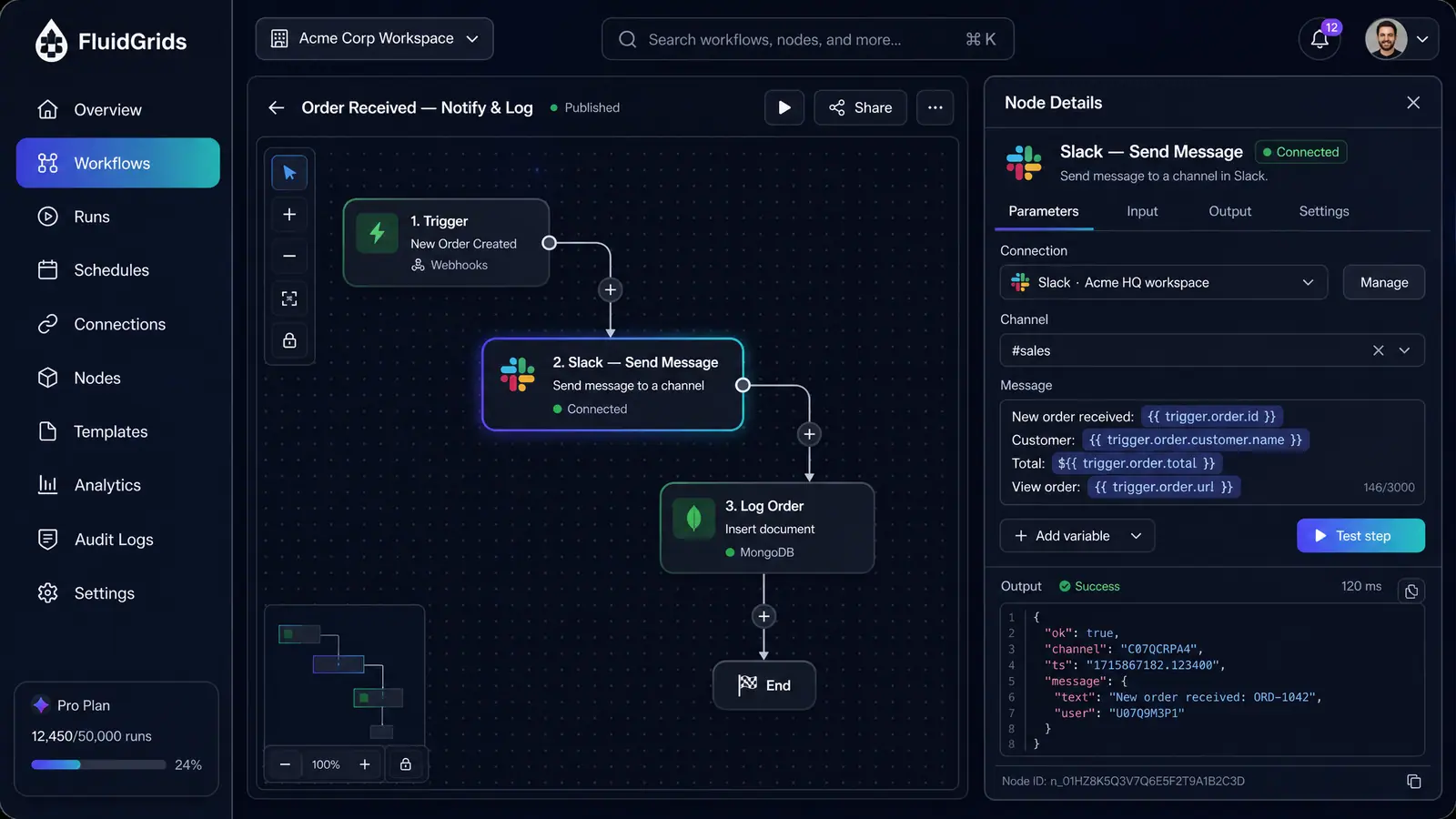 Concept illustration of a node details panel with a connection selector, message composer using variables, and a successful step output.