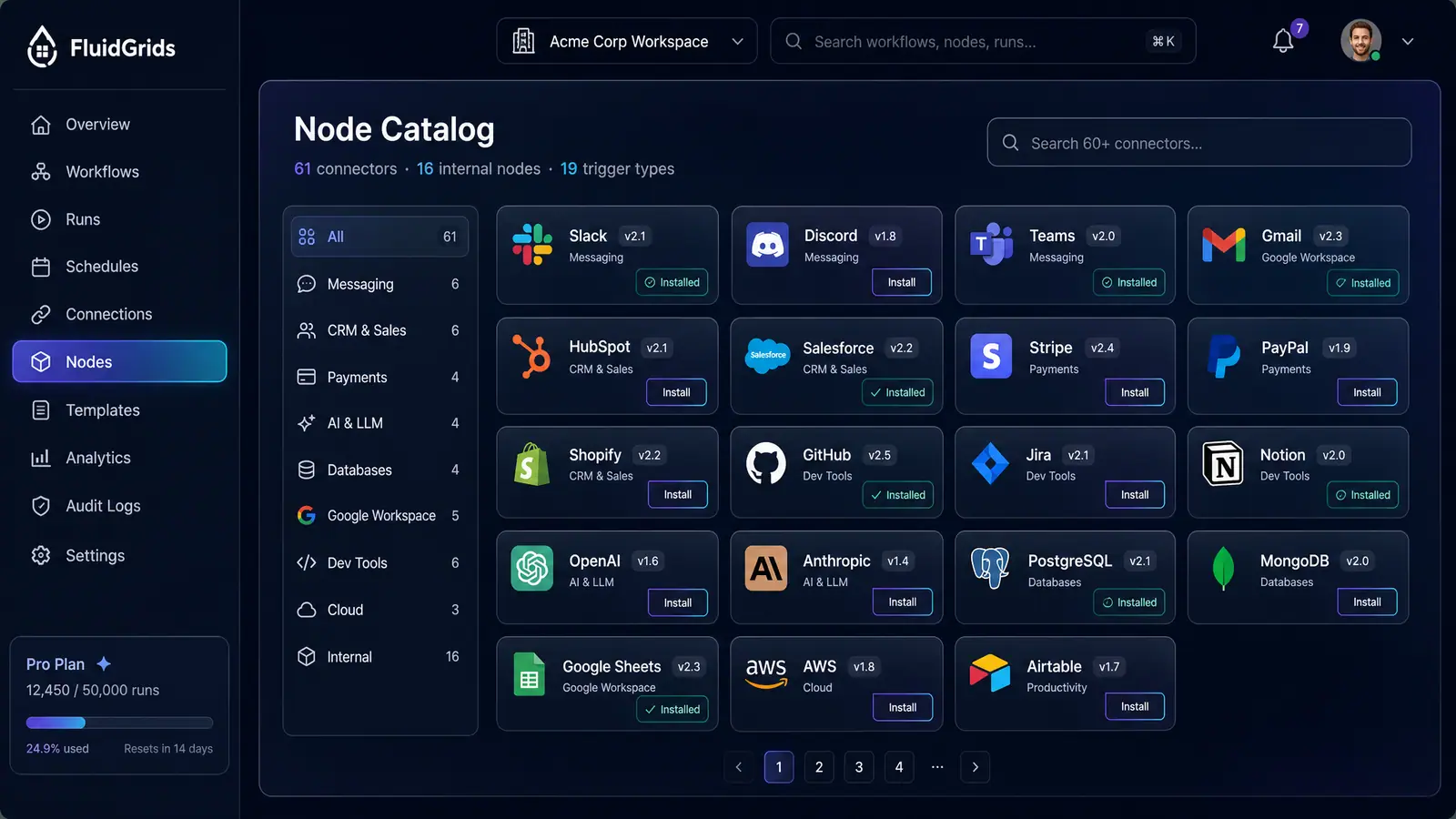 Concept illustration of the FluidGrids Node Catalog with a category rail and a grid of versioned connector cards marked Install or Installed