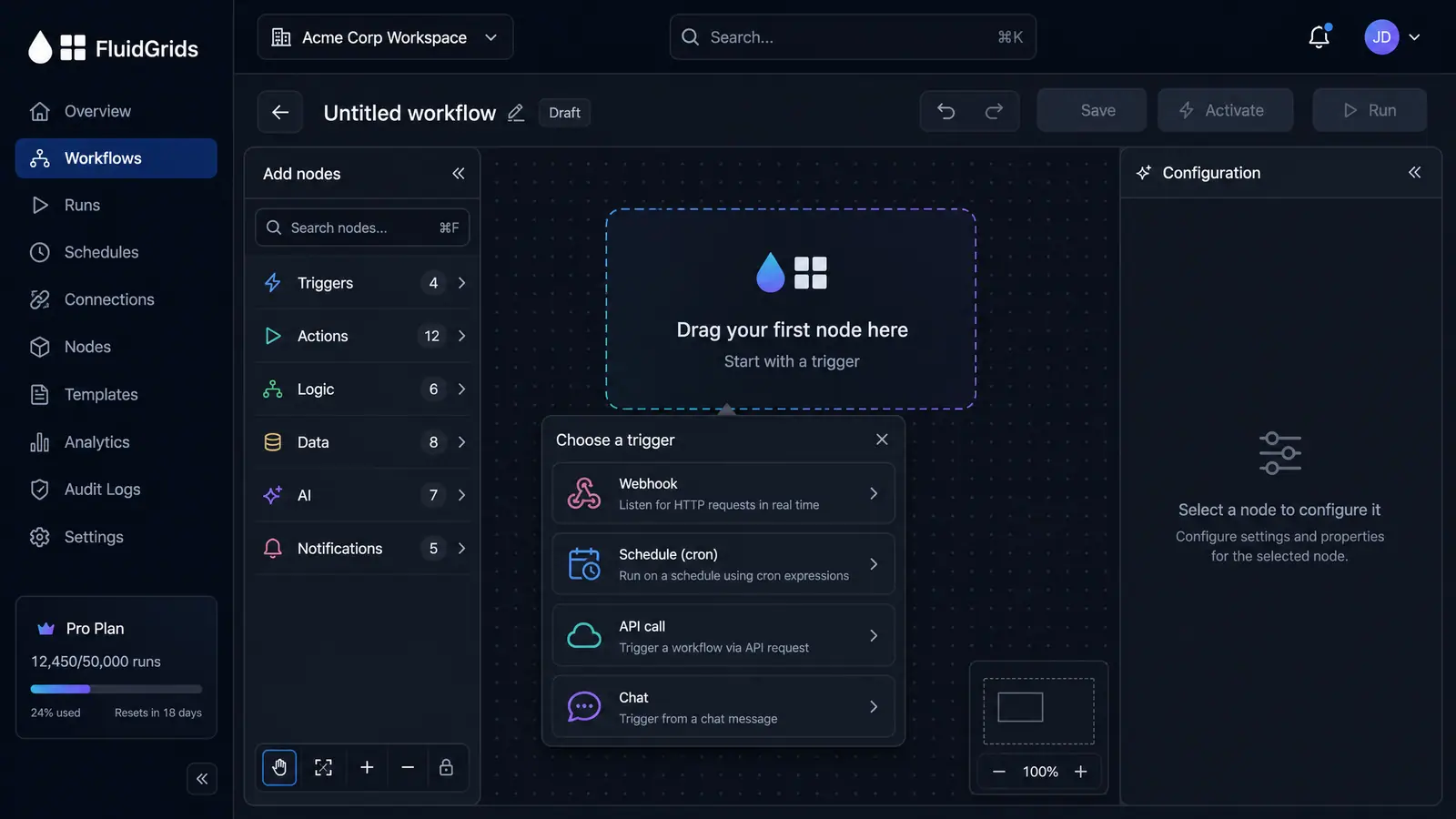 Concept illustration of an empty workflow canvas with a dashed drop zone and an open trigger chooser listing four ways to start a flow.