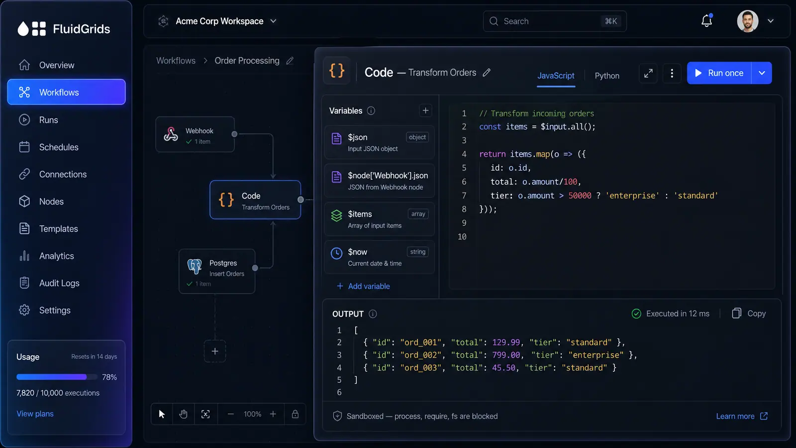 Concept illustration of a code step with JavaScript and Python tabs, a variables panel, an editor and a printed output array below.