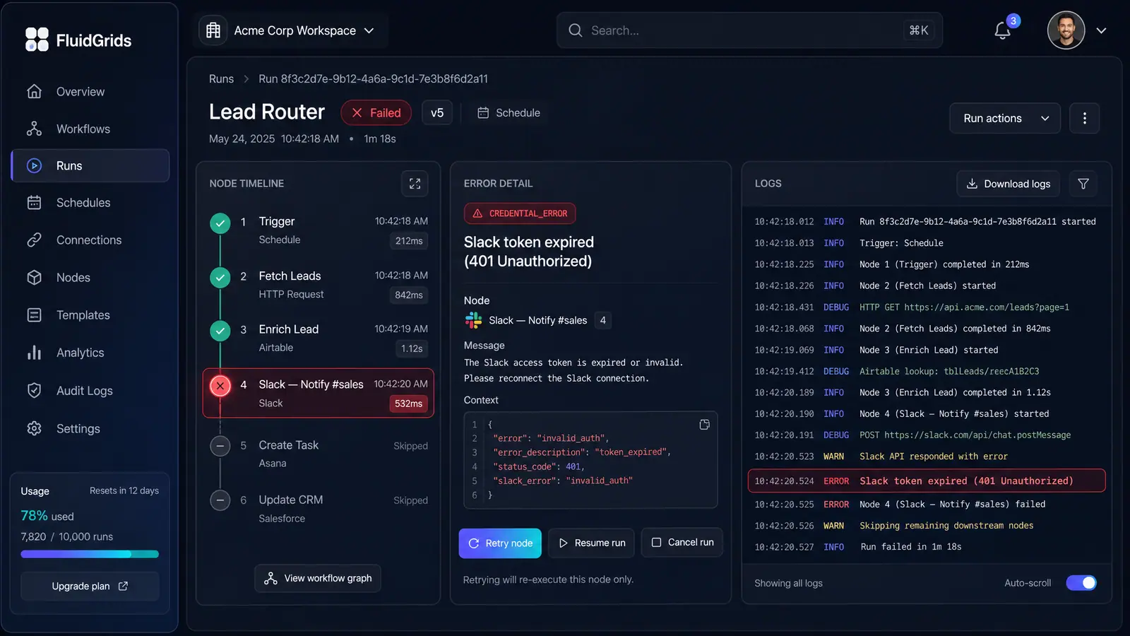 Concept illustration of a failed run with a Slack node highlighted in red, a credential error panel, retry and resume actions, and logs
