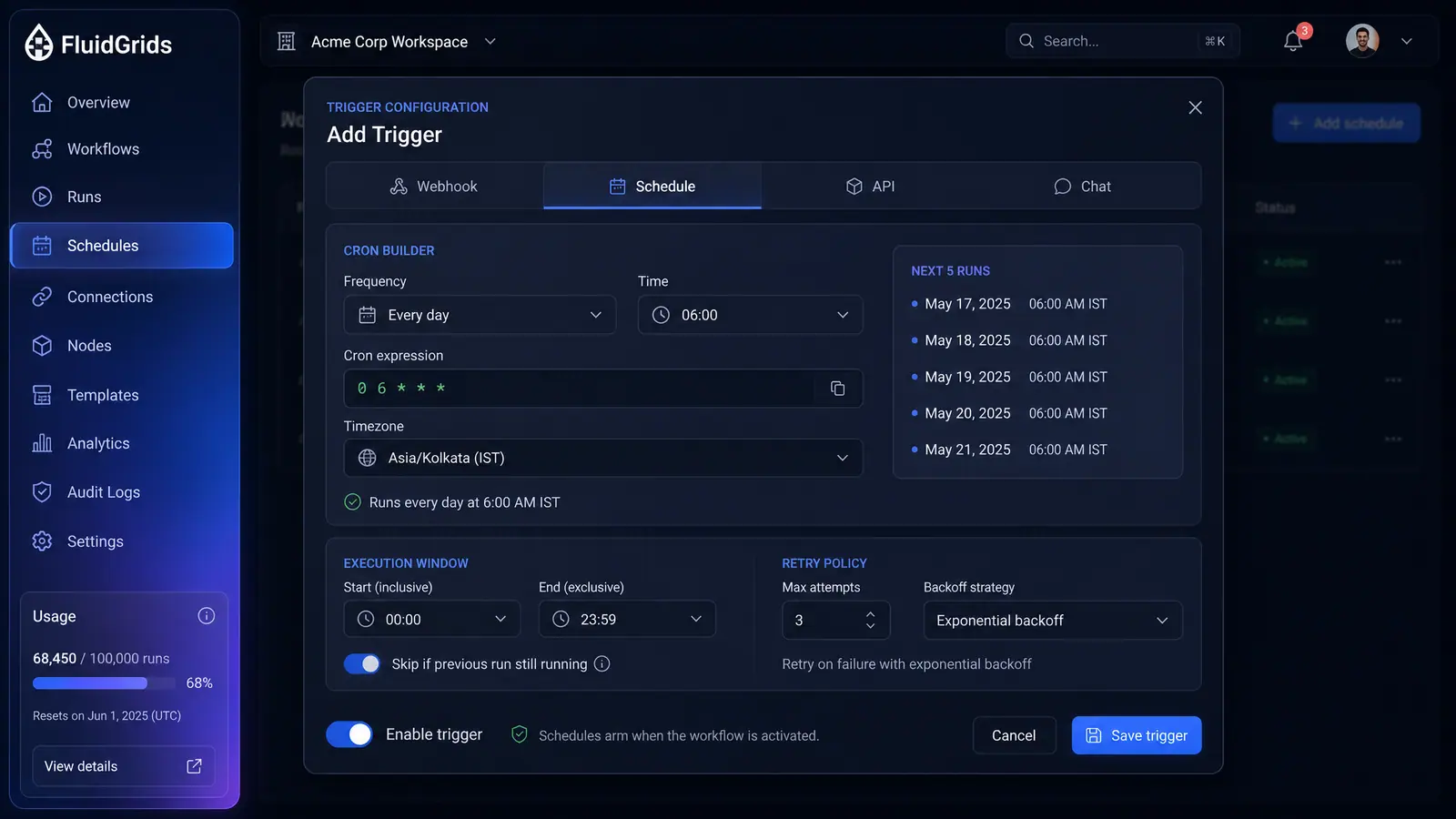 Concept illustration of a FluidGrids add-trigger dialog on the schedule tab, with a cron builder, next five runs and retry settings.