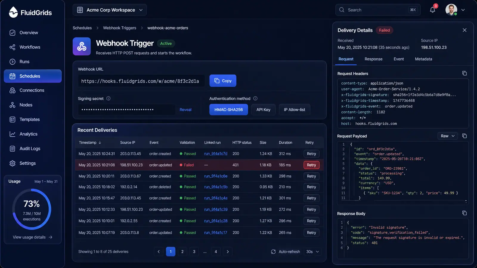 Concept illustration of a FluidGrids webhook trigger page listing recent deliveries, with a failed delivery opened in a detail panel.
