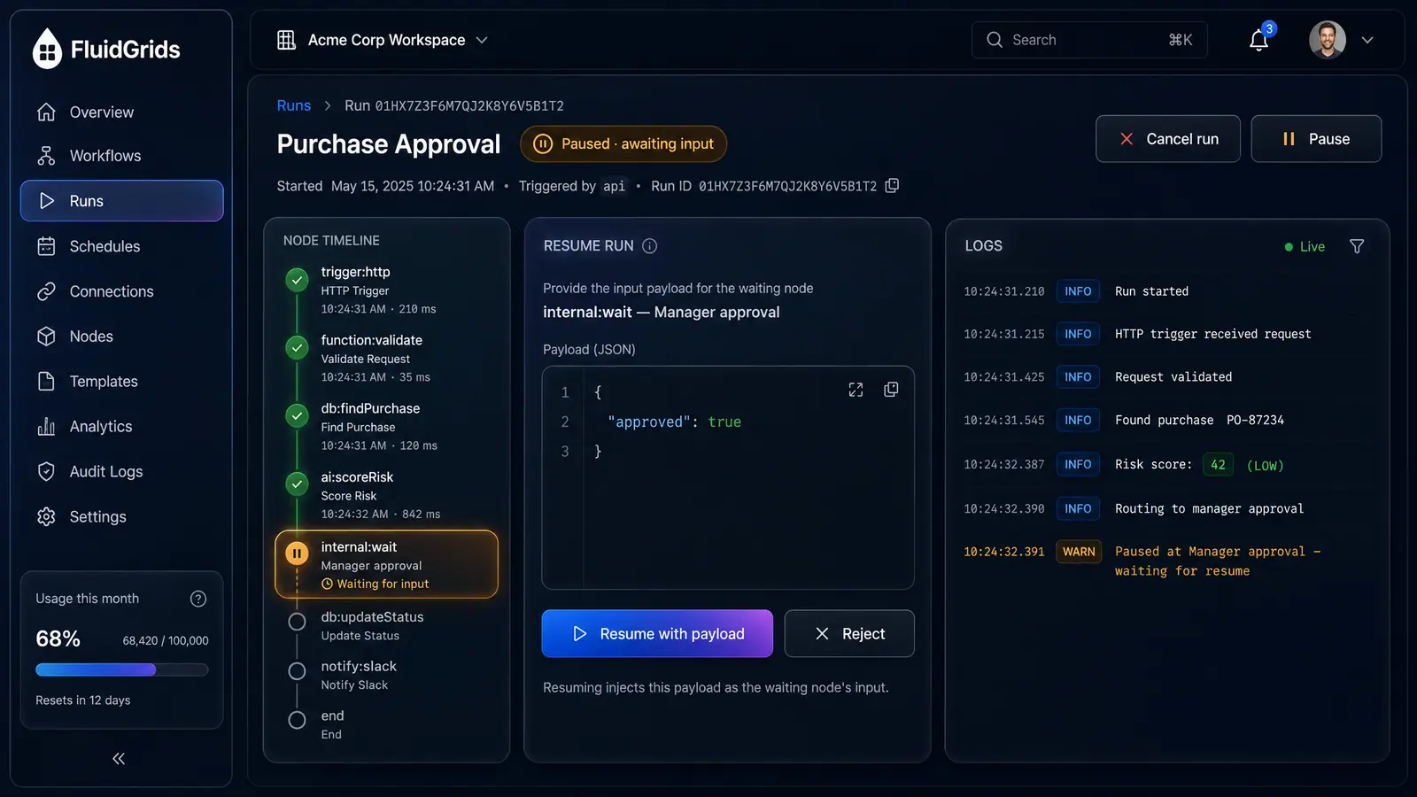 Concept illustration of a purchase approval run paused at a manager approval step, with a JSON payload editor and a Resume with payload button