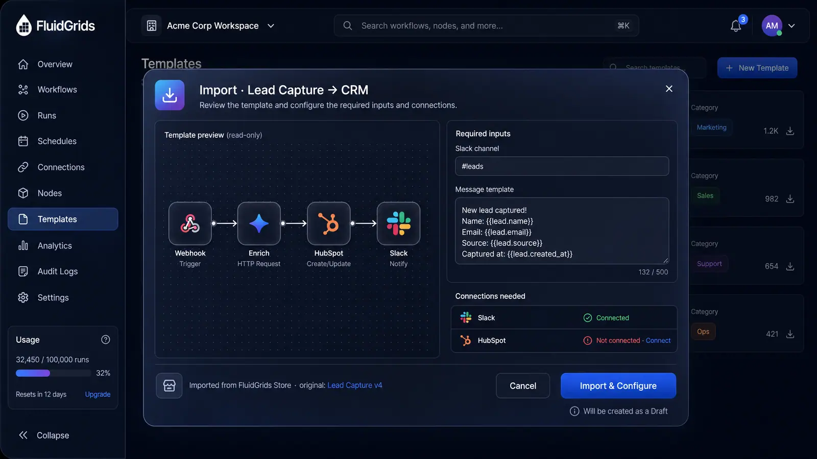 Concept illustration of a template import dialog with a read-only node preview, required inputs, a connections checklist and a store lineage footer