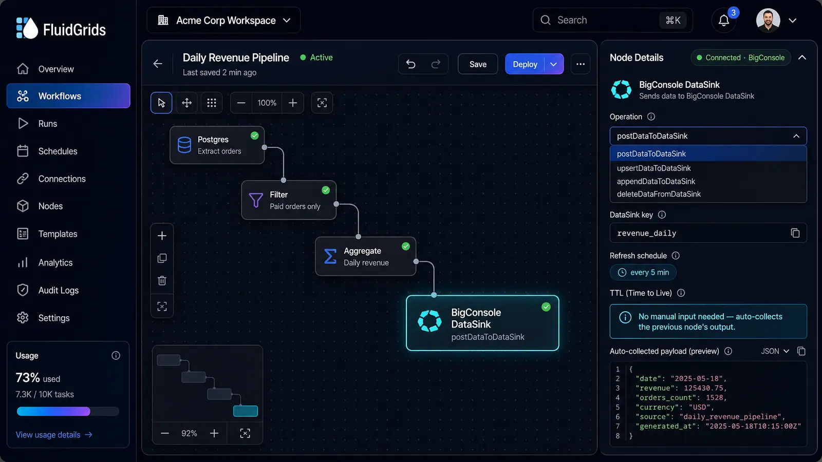 Concept illustration of the FluidGrids builder with a datasink node selected and its operation, key and payload settings open