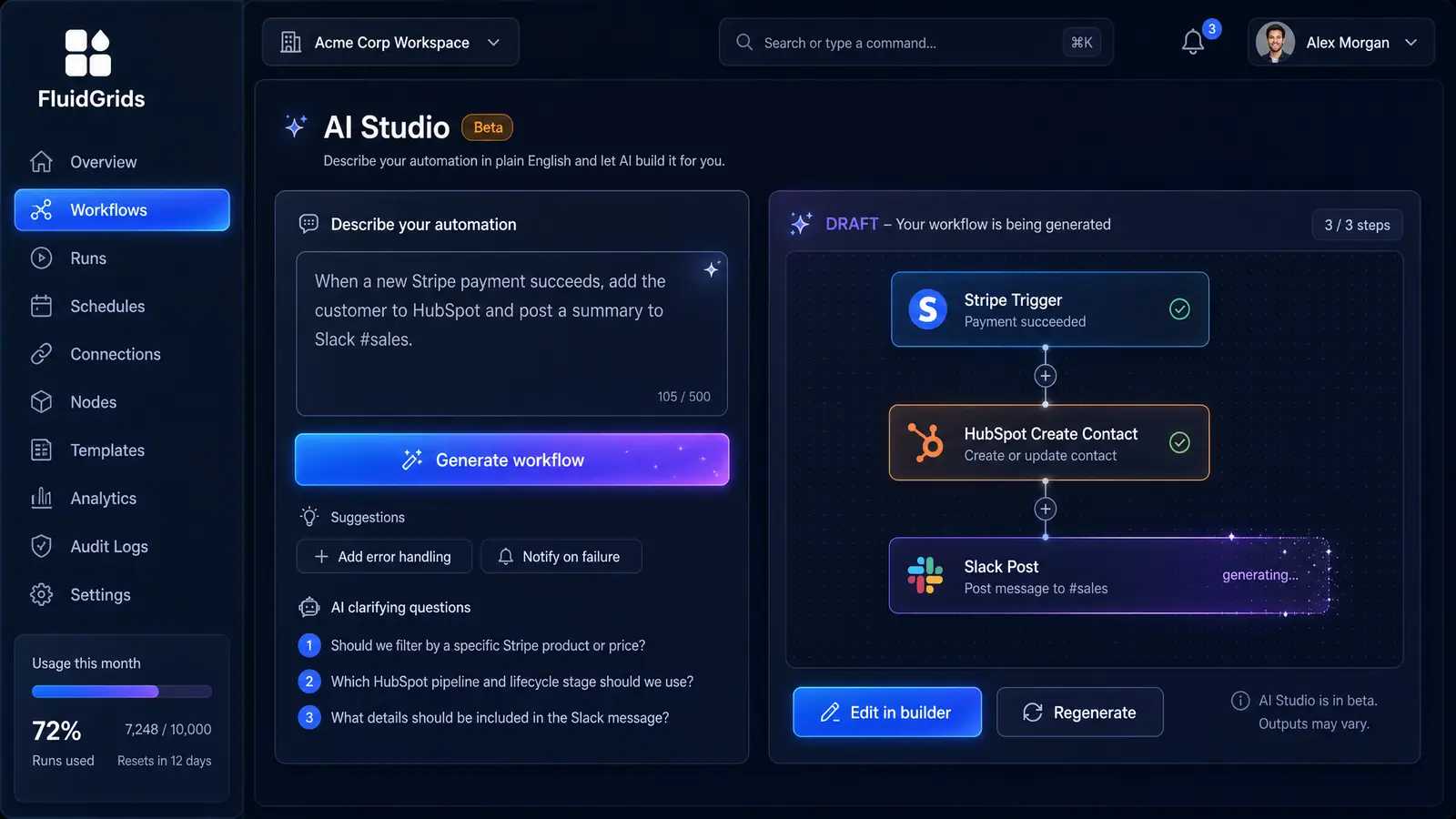 Concept illustration of a FluidGrids studio view: a description box on the left and a workflow draft assembling node by node on the right.
