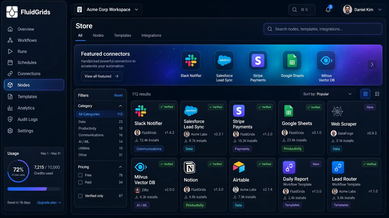 Concept illustration of the FluidGrids Store with featured connectors, category and pricing filters, and cards for nodes and workflow templates