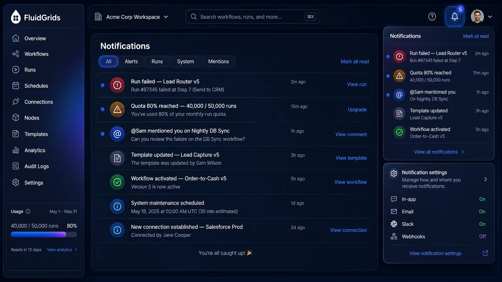 Concept illustration of the FluidGrids notifications center listing run, quota, mention and system alerts beside delivery settings