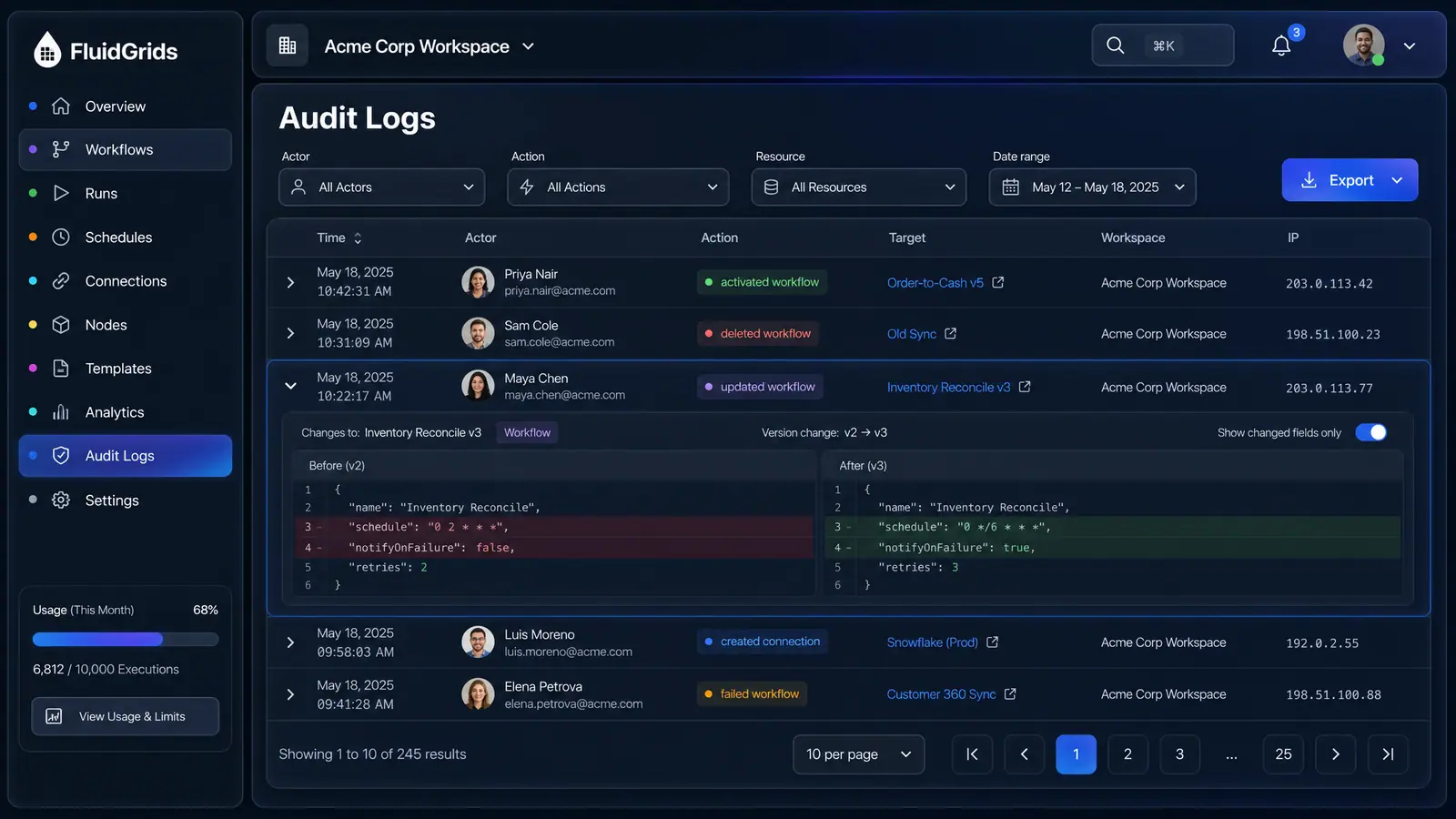 Concept illustration of the FluidGrids audit log with filters, actor and action columns, and an expanded change diff