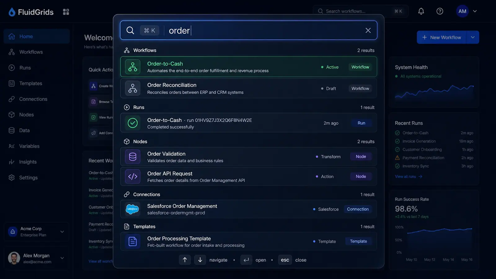 Concept illustration of a command palette overlay listing grouped search results for workflows, runs, nodes, connections and templates.