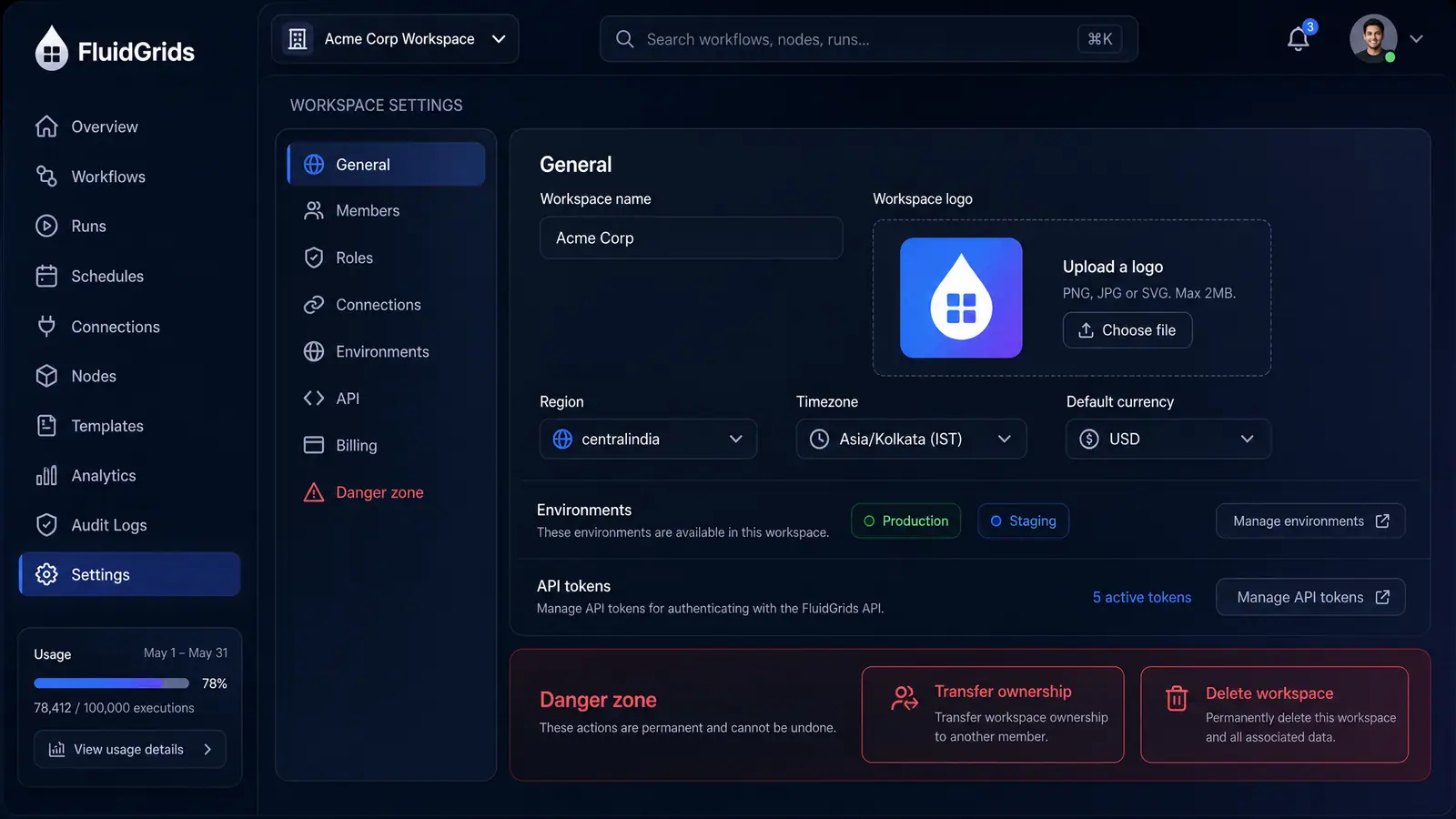 Concept illustration of FluidGrids workspace settings with name, logo, region, timezone, environments and a danger zone