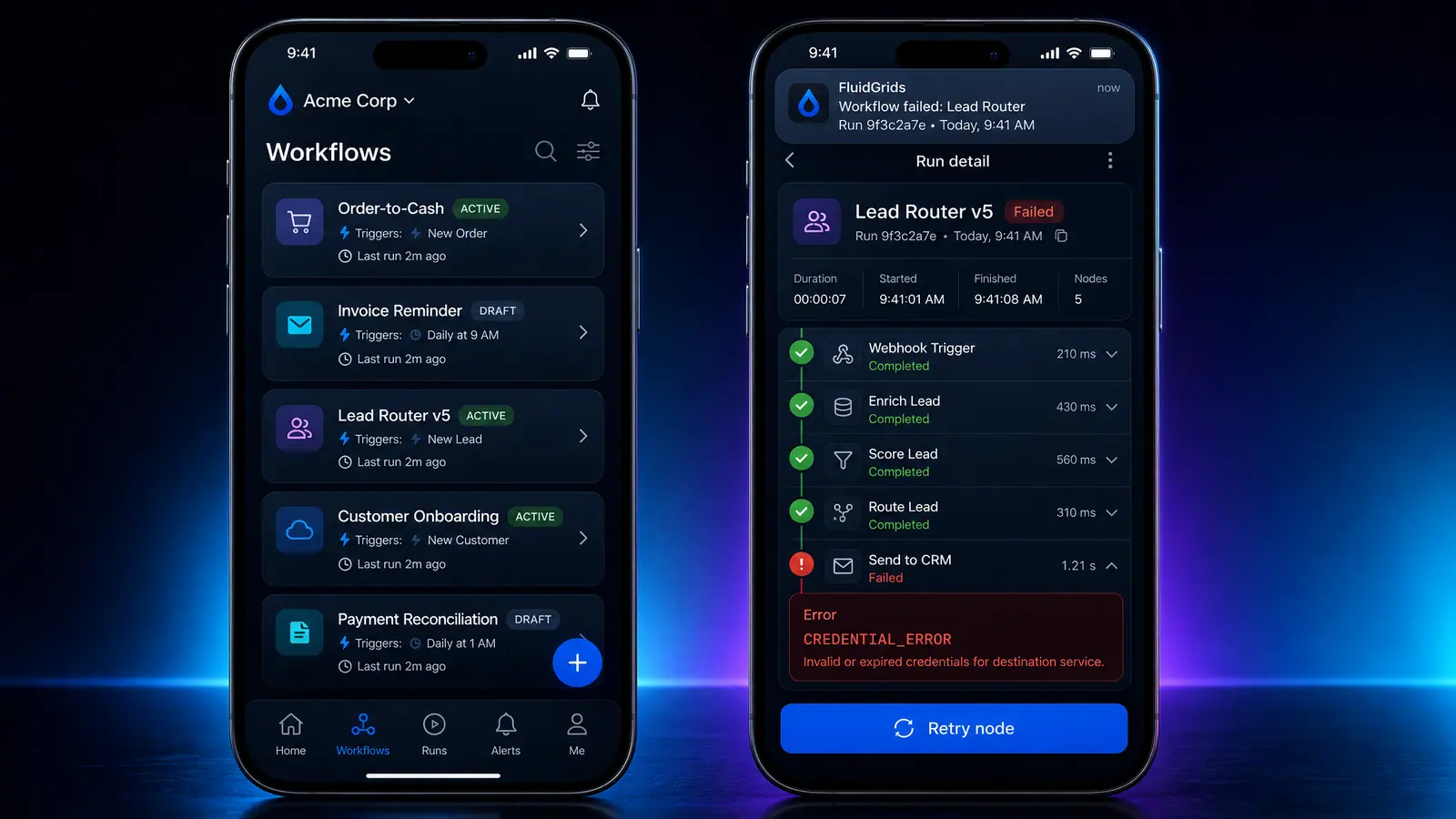Concept illustration of two phones: a workflows list with status badges, and a failed-run push alert above a run detail with a Retry node button
