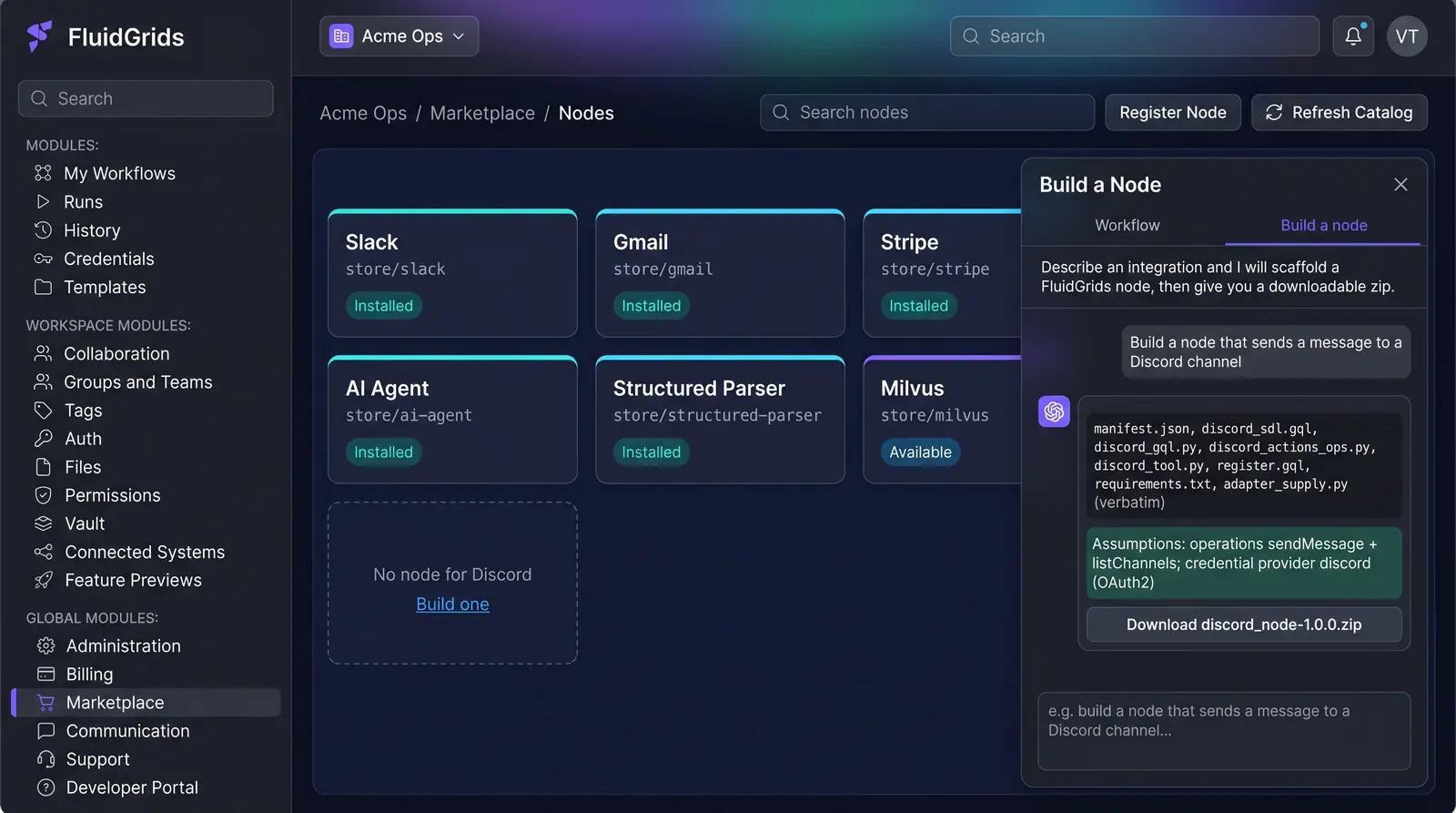 Concept illustration of the FluidGrids node catalog with an assistant panel scaffolding a connector package for a service that has no node.
