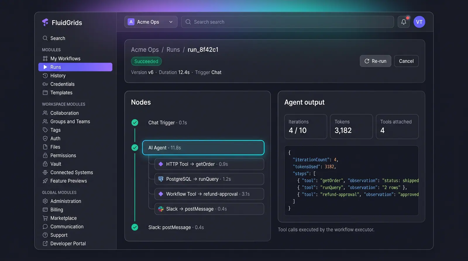 Concept illustration of a FluidGrids run detail page where the agent step expands into nested tool calls beside iteration and token counters.