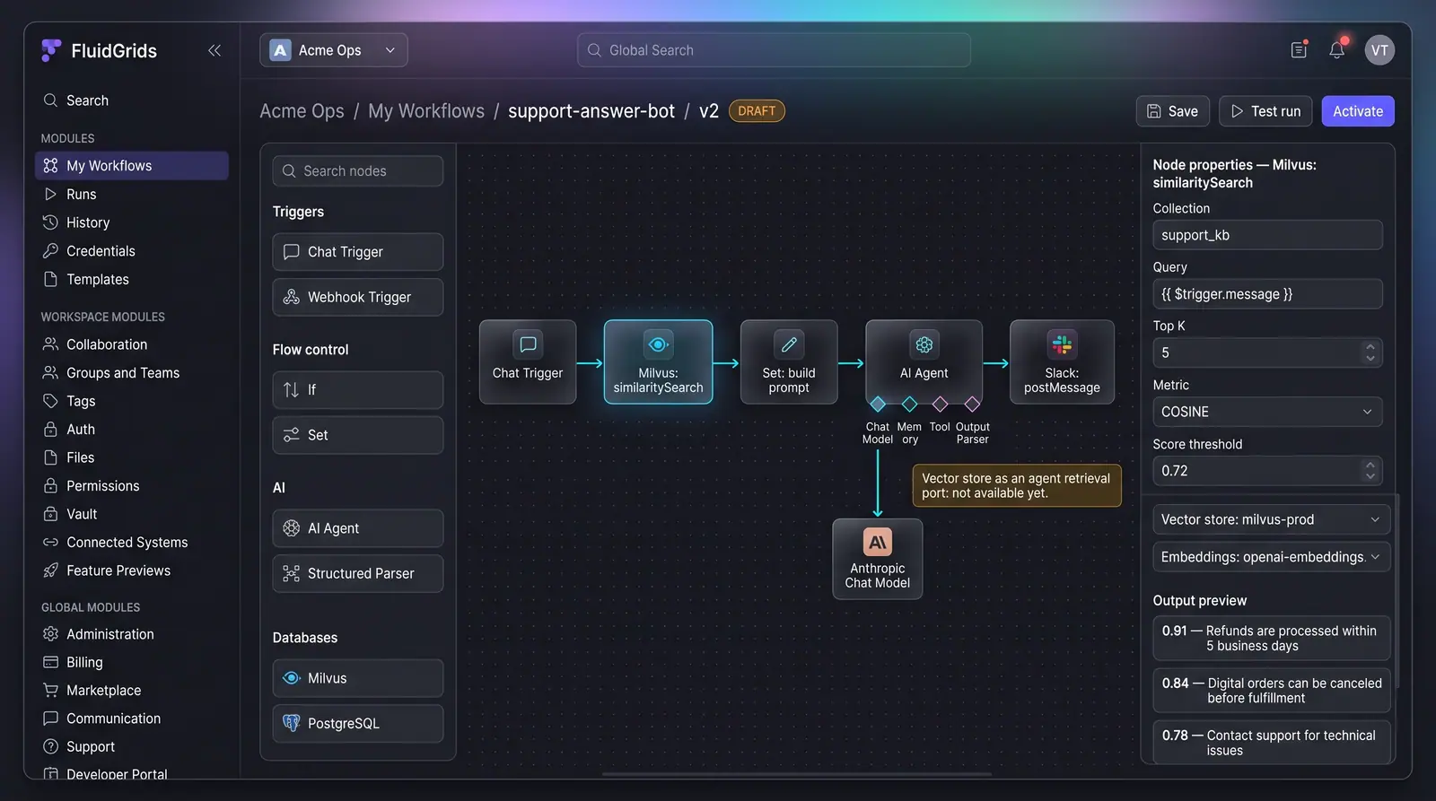 Concept illustration of a FluidGrids builder with a vector similarity search node selected and its collection, top-k and threshold settings open.