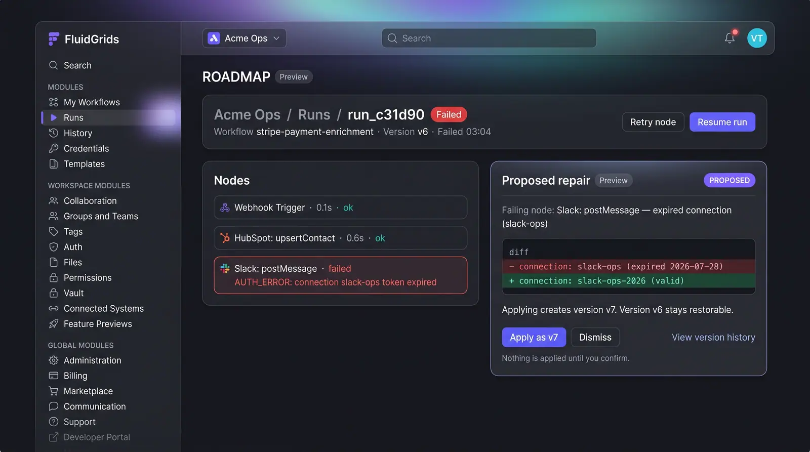 Concept illustration of a failed run with node statuses and a Proposed repair card showing a connection diff and an apply-as-new-version button