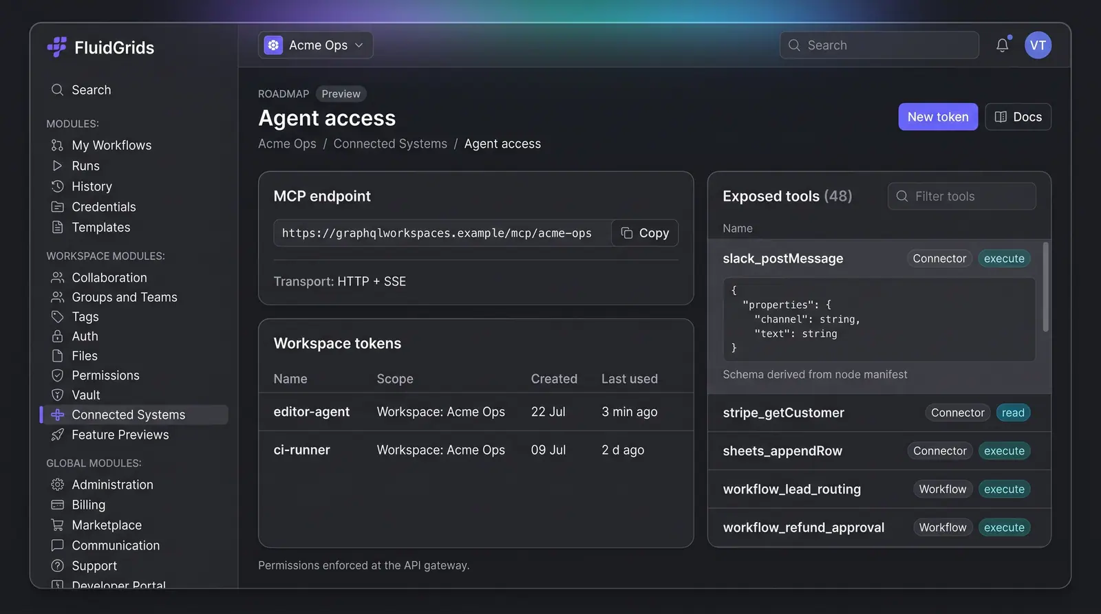 Concept illustration of the FluidGrids Agent access page with an MCP endpoint, workspace tokens and a list of exposed tools